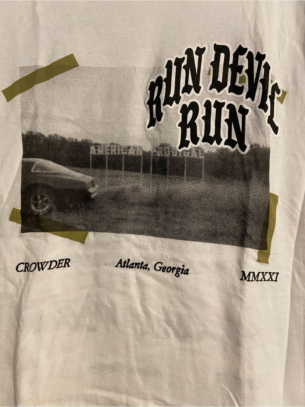 Next Level Apparel White 'Run Devil Run' Graphic Tee with Olive Accents